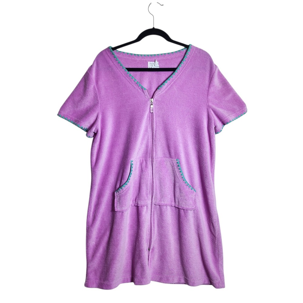 Jasmine Rose Intimates Purple Fleece Zip Front House Dress Robe Teal Trim Large